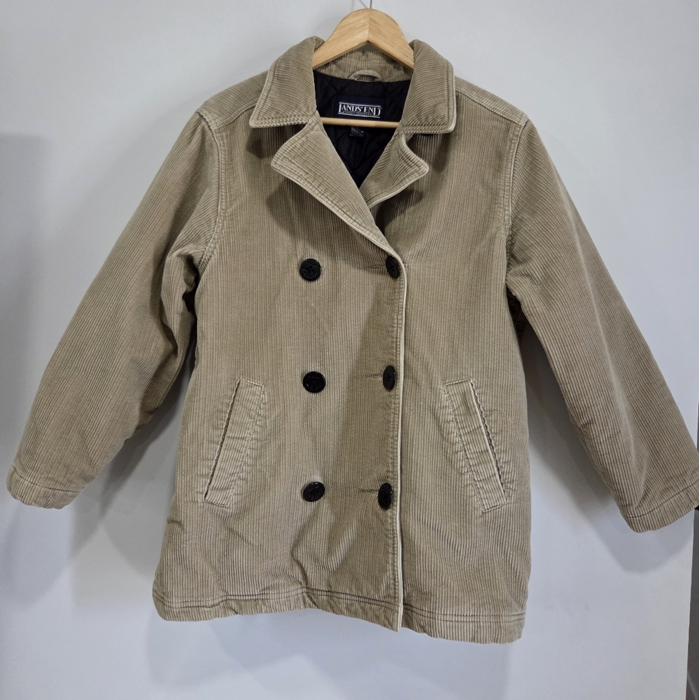 Lands End Kids Tan Preppy Jacket Corduroy Quilted Peacoat Size 14/XL